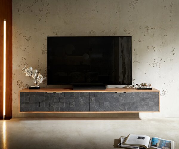 DELIFE TV stolík Teele 200 cm akácia prírodná bridlica 4 dvierka závesný
