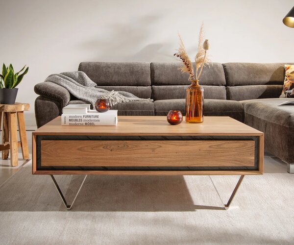 DELIFE Konferenčný stolík Stonegrace 115x60 cm akácia prírodná 2 zásuvky kamenná dyha