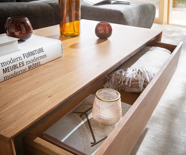 DELIFE Konferenčný stolík Stonegrace 115x60 cm akácia prírodná 2 zásuvky kamenná dyha