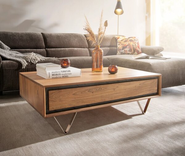 DELIFE Konferenčný stolík Stonegrace 115x60 cm akácia prírodná 2 zásuvky kamenná dyha