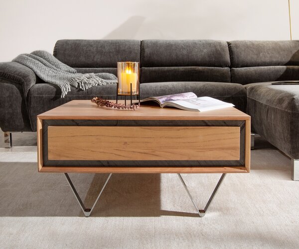DELIFE Konferenčný stolík Stonegrace 80x60 cm akácia prírodná 2 zásuvky kamenná dyha
