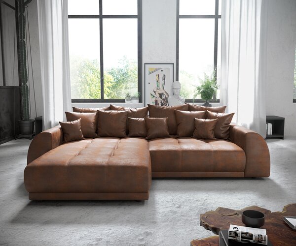 DELIFE Rohová pohovka Violetta 300 x 220 cm imitácia kože hnedá variabilné ležadlo
