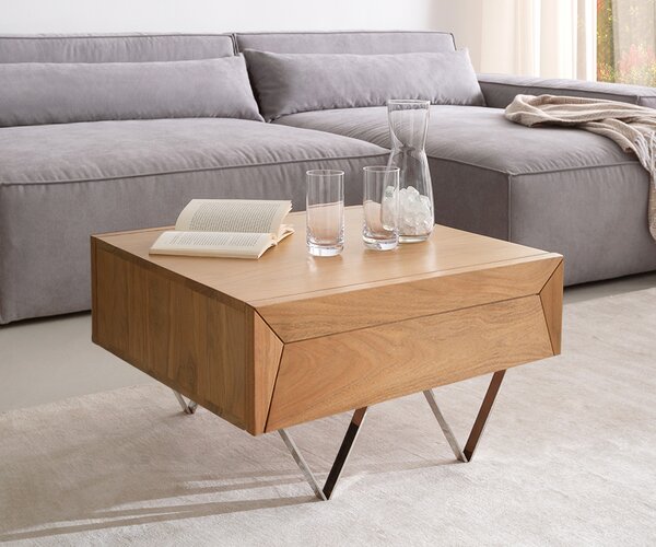 DELIFE Konferenčný stolík Kayu 60x60 cm akácia prírodná 2 zásuvky podstava v tvare V nerezová oceľ
