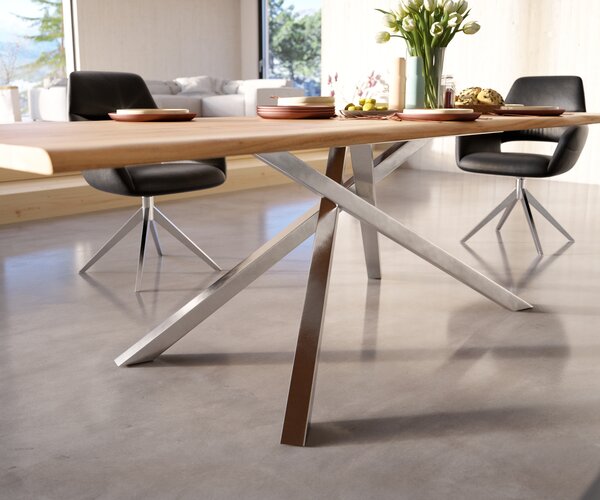 DELIFE Jedálenský stôl Edge 260x100 akácia prírodná krížová podstava obdĺžnik nerezová oceľ Live-Edge