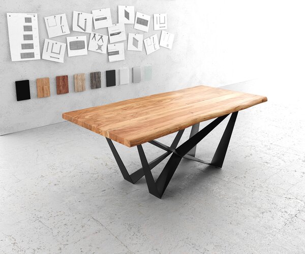 DELIFE Jedálenský stôl Edge 200x100 XL akácia prírodná Spider plochá oceľ čierna Live-Edge