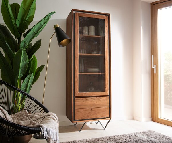 DELIFE Vitrína Stonegrace 55x180 cm akácia hnedá kamenná dyha 1 dvierka 2 zásuvky podstava v tvare V čierna