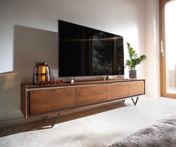 DELIFE TV stolík Stonegrace 200 cm akácia hnedá kamenná dyha 4 dvierka podstava v tvare V čierna