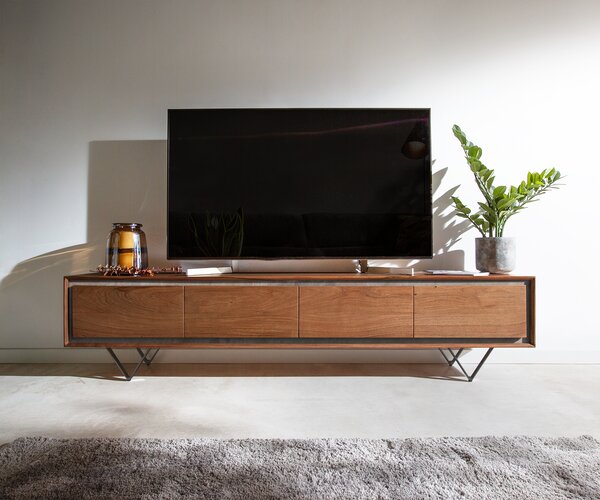 DELIFE TV stolík Stonegrace 200 cm akácia hnedá kamenná dyha 4 dvierka podstava v tvare V čierna