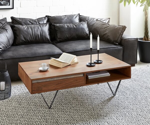 DELIFE Konferenčný stolík Stonegrace 115x60 cm akácia hnedá bridlica 2 zásuvky 1 priehradka podstava v tvare V čierna