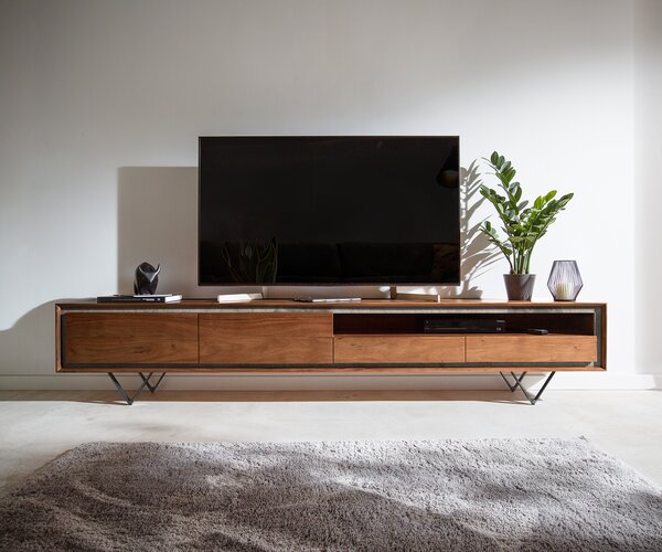 DELIFE TV stolík Stonegrace 240 cm akácia hnedá kamenná dyha 2 dvierka 2 zásuvky 1 priehradka podstava v tvare V čierna