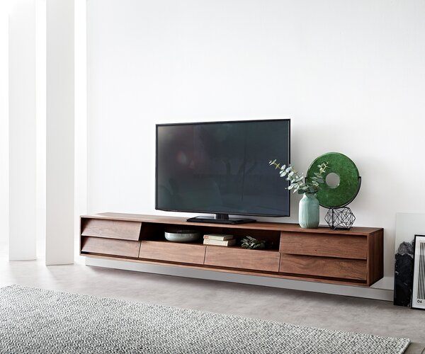 DELIFE TV stolík Eloi 240x35 cm akácia hnedá 2 dvierka 2 zásuvky závesný