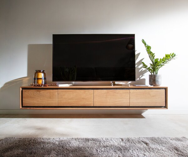 DELIFE TV stolík Stonegrace 200 cm akácia prírodná 4 dvierka kamenná dyha závesný