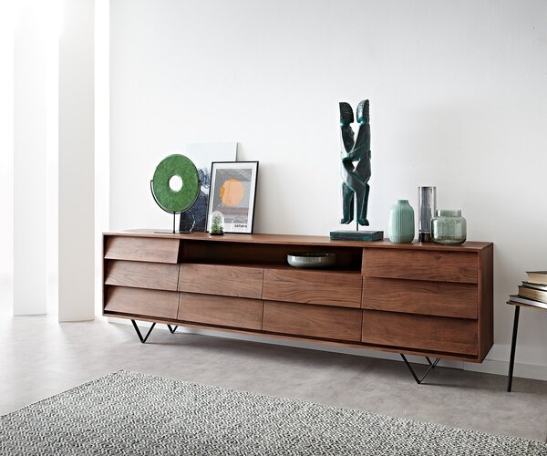 DELIFE Komoda Eloi 240x40 cm akácia hnedá 2 dvierka 6 zásuviek podstava v tvare V čierna