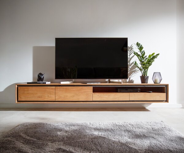 DELIFE TV stolík Stonegrace 240 cm akácia prírodná kamenná dyha 2 dvierka 1 priehradka 2 zásuvky závesný