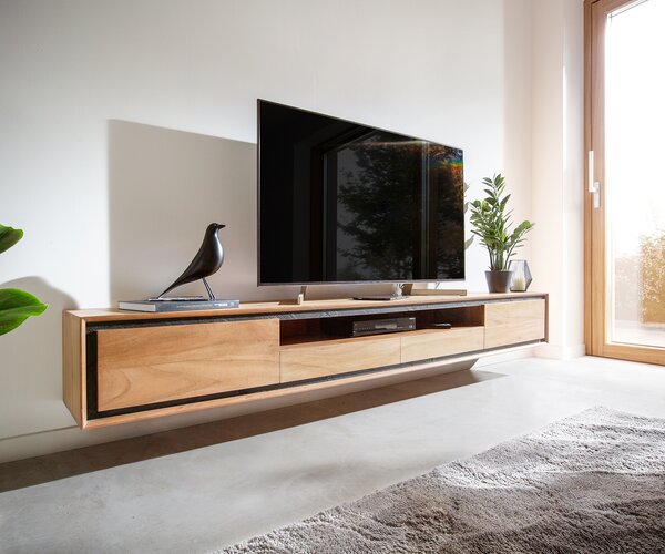 DELIFE TV stolík Stonegrace 240 cm akácia prírodná 2 dvierka 1 priehradka 2 zásuvky kamenná dyha závesný