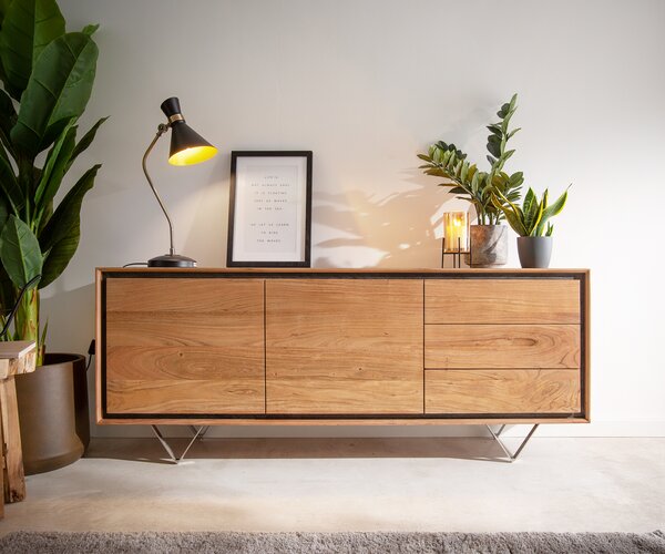DELIFE Komoda Stonegrace 175 cm akácia prírodná 2 dvierka 3 zásuvky kamenná dyha podstava v tvare V