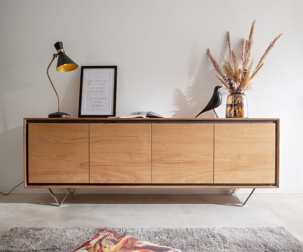 DELIFE Komoda Stonegrace 200 cm akácia prírodná 4 dvierka kamenná dyha podstava v tvare V