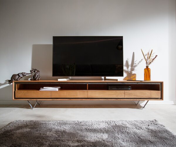 DELIFE TV stolík Stonegrace 240 cm akácia prírodná 2 priehradky 4 zásuvky kamenná dyha podstava v tvare V