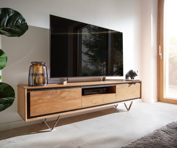 DELIFE TV stolík Stonegrace 175 cm akácia prírodná 2 dvierka 1 priehradka 1 zásuvka kamenná dyha podstava v tvare V