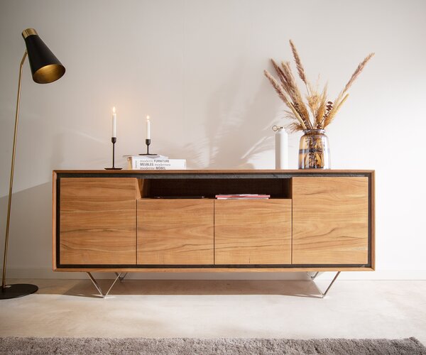 DELIFE Komoda Stonegrace 175 cm akácia prírodná 4 dvierka 1 priehradka kamenná dyha podstava v tvare V