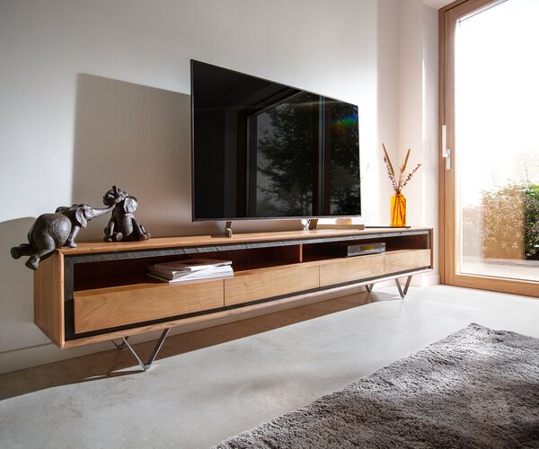 DELIFE TV stolík Stonegrace 240 cm akácia prírodná 2 priehradky 4 zásuvky kamenná dyha podstava v tvare V