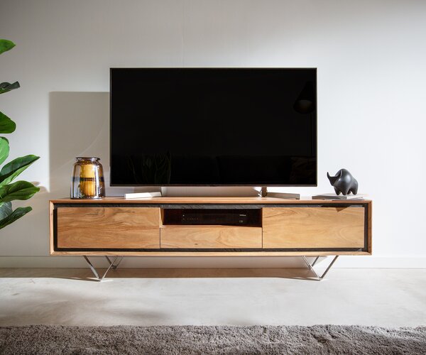 DELIFE TV stolík Stonegrace 175 cm akácia prírodná 2 dvierka 1 priehradka 1 zásuvka kamenná dyha podstava v tvare V