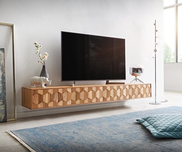 DELIFE TV stolík Fevo 220 cm akácia prírodná 4 dvierka závesný