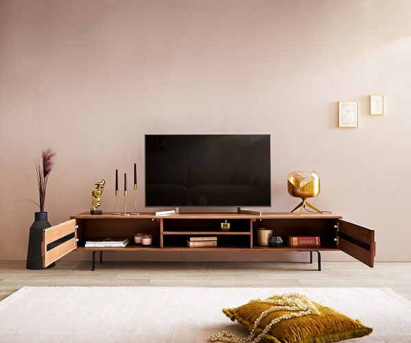 DELIFE TV stolík Fevo 200 cm akácia hnedá 2 dvierka podstava v tvare L