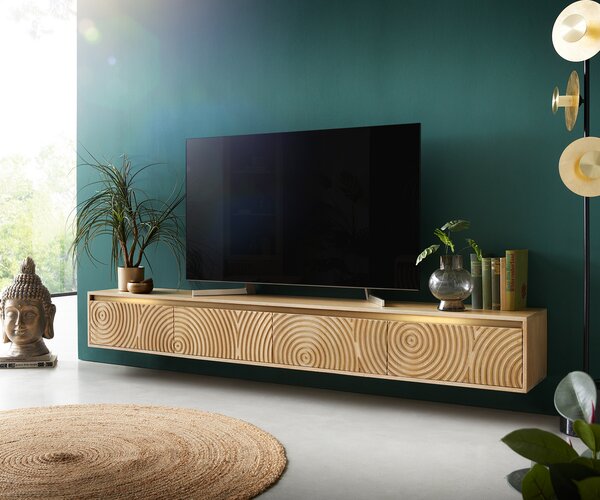 DELIFE TV stolík Budaya 220 cm mango prírodná 4 dvierka závesný