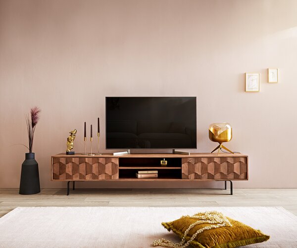 DELIFE TV stolík Fevo 200 cm akácia hnedá 2 dvierka podstava v tvare L