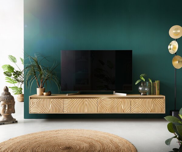 DELIFE TV stolík Budaya 220 cm mango prírodná 4 dvierka závesný