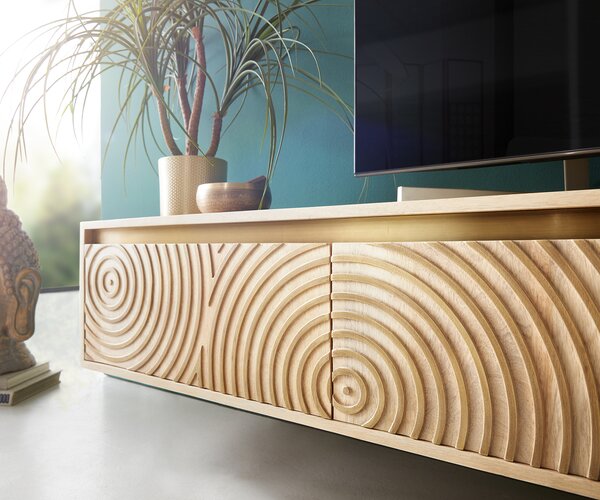DELIFE TV stolík Budaya 220 cm mango prírodná 4 dvierka závesný