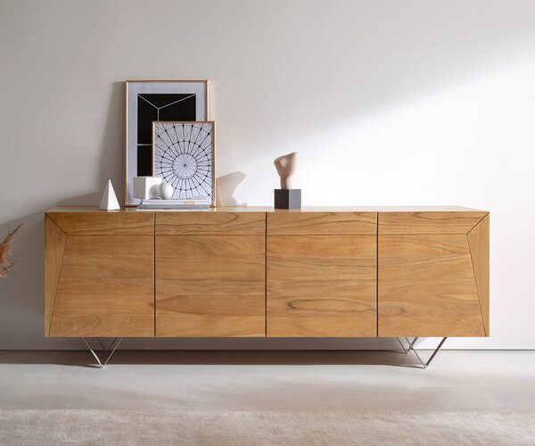 DELIFE Komoda Kayu 200x40x70 cm akácia prírodná 4 dvierka podstava v tvare V