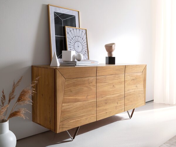 DELIFE Komoda Kayu 145x40x70 cm akácia prírodná 3 dvierka podstava v tvare V