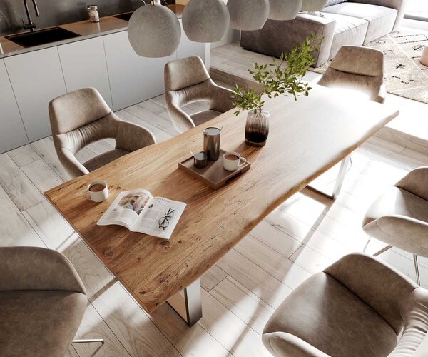 DELIFE Jedálenský stôl Edge 240x100 cm akácia prírodná nerezová oceľ úzky Live-Edge