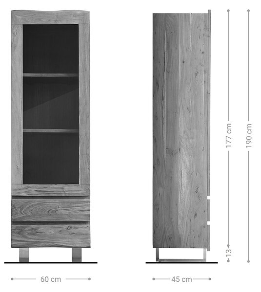 DELIFE Vitrína Live-Edge 60x190 cm akácia prírodná masívny okraj 1 dvierka 2 zásuvky masív