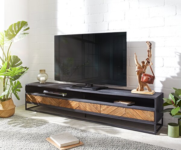 DELIFE TV stolík Famke 200 cm mango teak 2 priehradky 3 zásuvky
