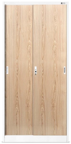 Kovová spisová policová skriňa s posuvnými dverami KUBA, 900 x 1850 x 400 mm, Eco Design: biela/ dub sonoma