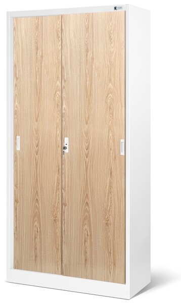 Kovová spisová policová skriňa s posuvnými dverami KUBA, 900 x 1850 x 400 mm, Eco Design: biela/ dub sonoma