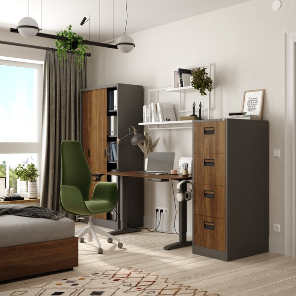 Kovová spisová policová skriňa s posuvnými dverami KUBA, 900 x 1850 x 400 mm, Eco Design: antracitová/ orech