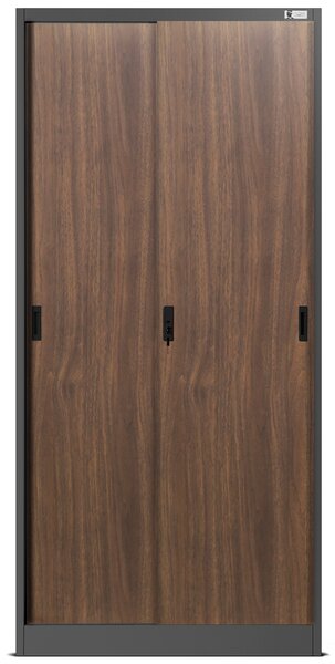 Kovová spisová policová skriňa s posuvnými dverami KUBA, 900 x 1850 x 400 mm, Eco Design: antracitová/ orech
