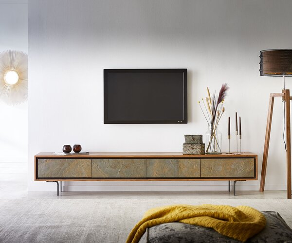 DELIFE TV stolík Juwelo 220 cm akácia prírodná s kamennou dyhou 4 dvierka