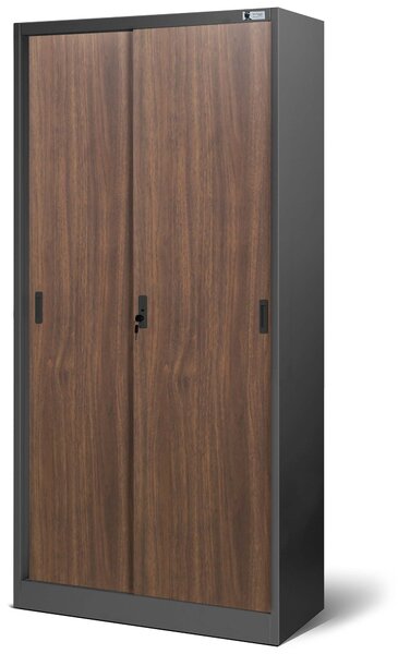 Kovová spisová policová skriňa s posuvnými dverami KUBA, 900 x 1850 x 400 mm, Eco Design: antracitová/ orech