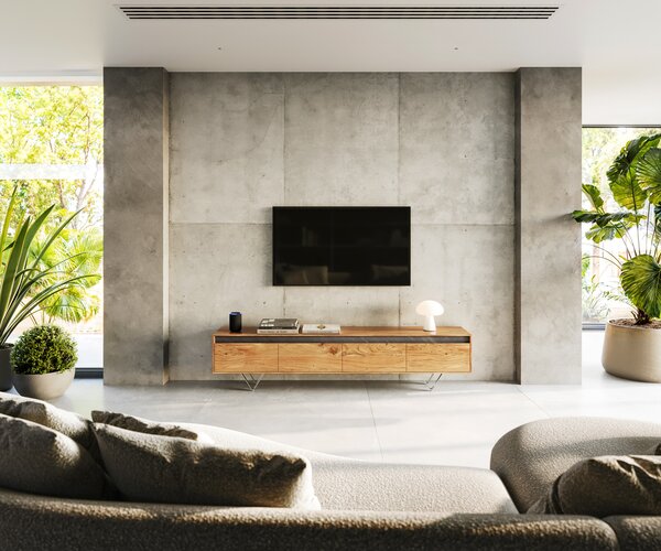 DELIFE Dizajnový TV stolík Stonegrace 200 cm akácia prírodná bridlica 4 zásuvky