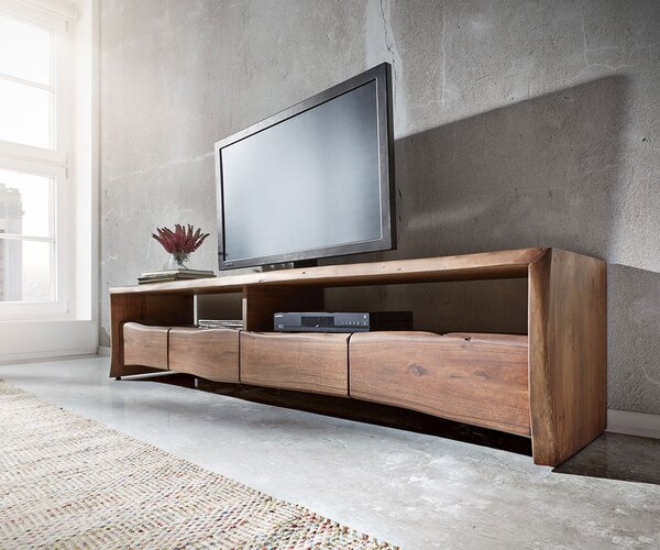 DELIFE TV stolík Live-Edge 230 cm masívna akácia hnedá 4 zásuvky