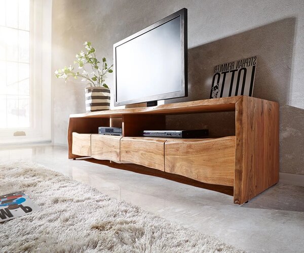 DELIFE TV stolík Live-Edge 230 cm akácia prírodná masívny 4 zásuvky
