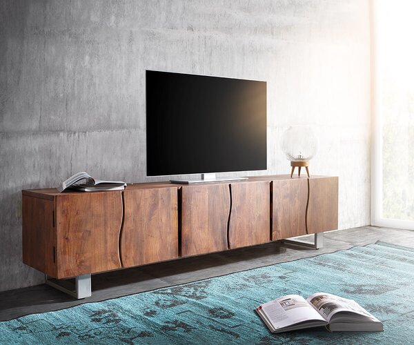 DELIFE TV stolík Live-Edge 220 cm akácia hnedá masívny 6 dvierka