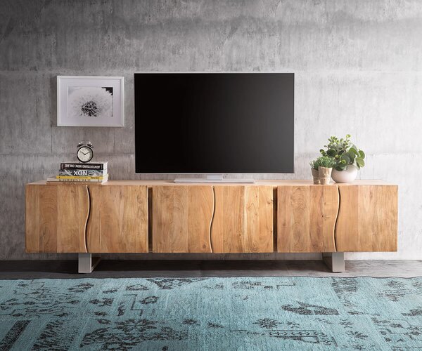 DELIFE TV stolík Live-Edge 220 cm akácia prírodná masívny 6 dvierka