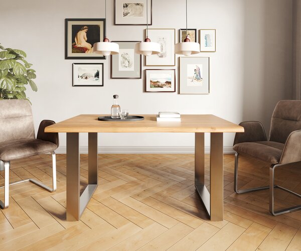 DELIFE Jedálenský stôl Edge 140x90 akácia prírodná nerezová oceľ úzky Live-Edge