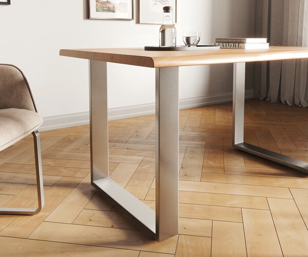 DELIFE Jedálenský stôl Edge 140x90 akácia prírodná nerezová oceľ úzky Live-Edge